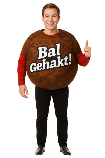 Grappig gehaktbal-kostuum met de tekst BAL GEHAKT