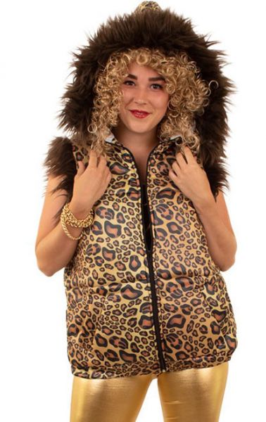 Bodywarmer Leo Print Capuchon Bont Dierenprint 80s 90s Bad Taste Fout vrijgezellenfeest