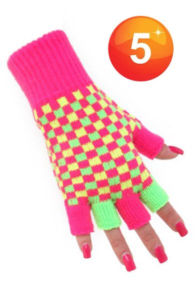 Neon Vingerloze handschoenen roze groen geel geblokt